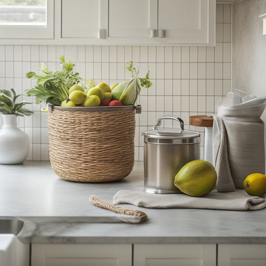 A tidy kitchen with a few cleared countertops, featuring a small trash can, a woven basket holding fresh fruit, and a sleek, minimalist utensil holder, all set against a warm, creamy background.