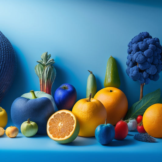 Vibrant, abstract composition featuring overlapping fruit and vegetable silhouettes in various shapes and sizes, against a soft, gradient blue background, with subtle texture and playful shadowing.