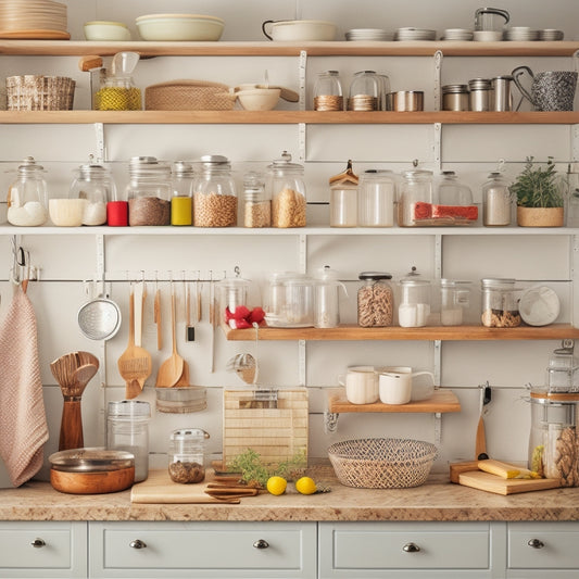A tidy kitchen with open cabinets, labeled jars, and a pegboard with hanging utensils, set against a clean white background with a few strategically placed kitchen gadgets and a subtle warm lighting effect.