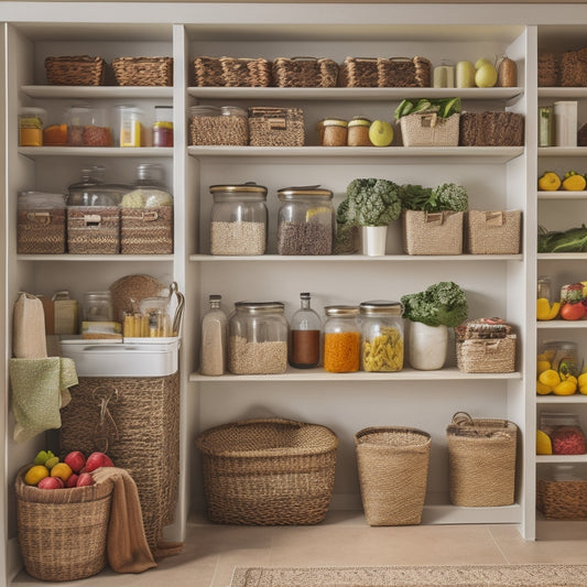 A tidy pantry with categorized shelves, labeled jars, and a prominent meal planning board on the wall, surrounded by fresh fruits and vegetables in woven baskets.