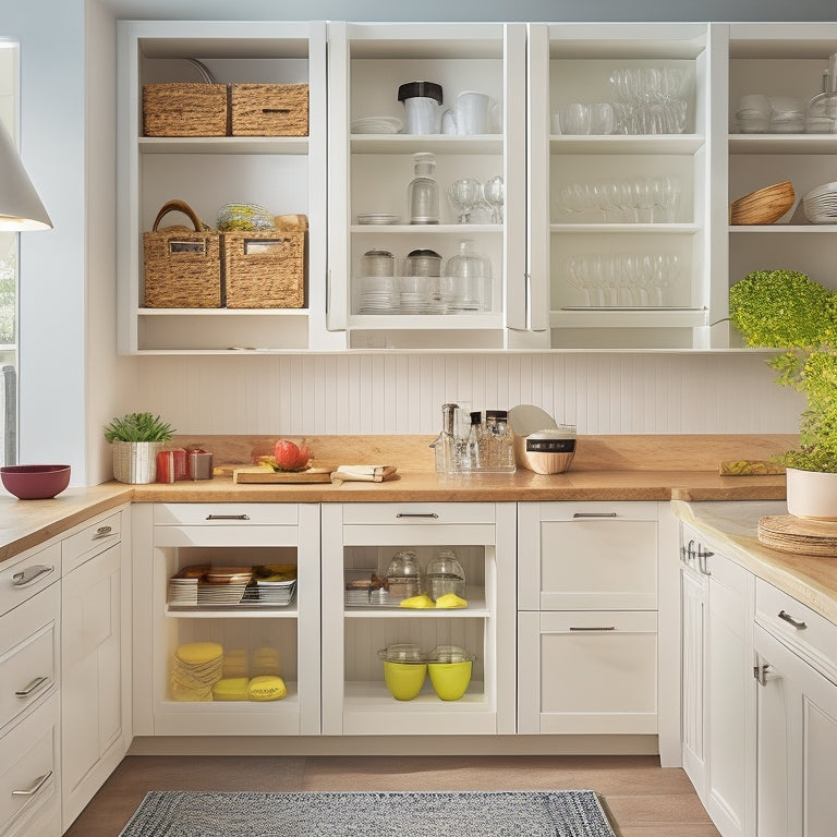A bright, modern kitchen with sleek, white cabinets, pull-out drawers, and a mix of open and closed shelving, featuring a utensil organizer, spice rack, and a built-in wine storage unit.