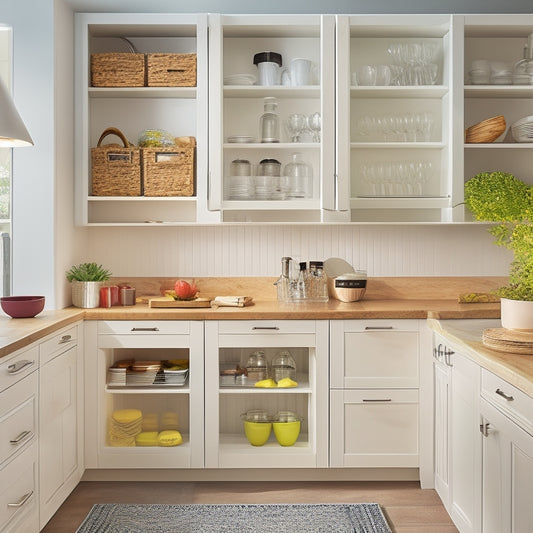 A bright, modern kitchen with sleek, white cabinets, pull-out drawers, and a mix of open and closed shelving, featuring a utensil organizer, spice rack, and a built-in wine storage unit.