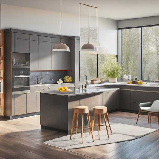 A sleek, modern modular kitchen featuring a central island with bar stools, open shelving, vibrant backsplash, integrated appliances, and clever storage solutions, all bathed in natural light from large windows.