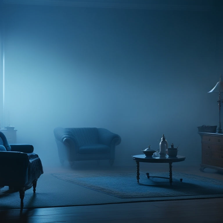 A misty, eerie fog envelops a darkened room, illuminated only by a faint blue glow, with faint outlines of furniture and a few scattered cockroaches in the foreground.