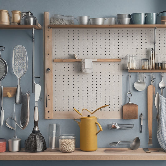 A tidy kitchen countertop with a utensil organizer, a wall-mounted pegboard with hanging spoons, and a drawer divider filled with neatly arranged kitchen gadgets and tools.