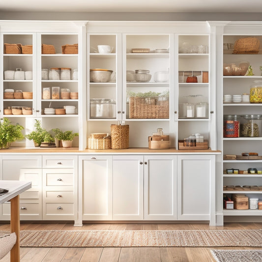 A bright, airy kitchen featuring a sleek white freestanding pantry unit, showcasing various shelving options. The pantry is filled with neatly organized jars, spices, and cookbooks, surrounded by warm wooden accents and soft natural light.