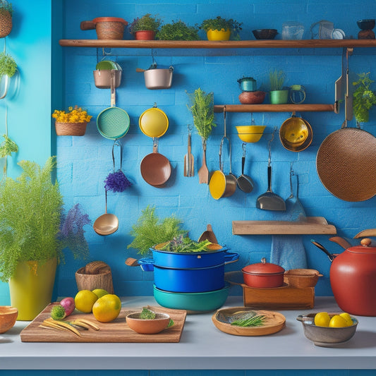 A vibrant kitchen featuring a stylish, customizable hanging pot rack filled with colorful pots and pans, surrounded by fresh herbs, wooden utensils, and bright tiles, showcasing a unique culinary space.