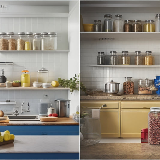 A split-screen image featuring a cluttered kitchen counter with old, worn-out plastic containers on one side and a sleek, modern kitchen with airtight, transparent, and color-coded containers on the other.