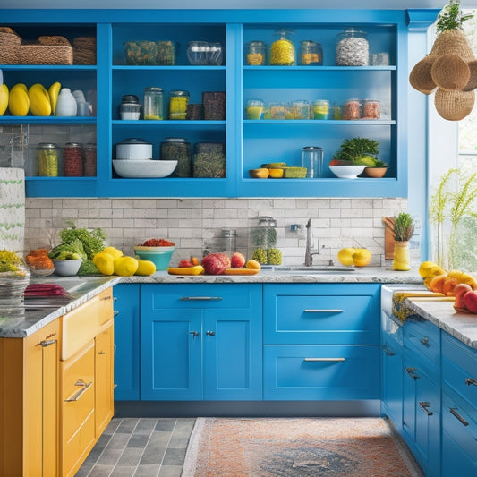 A bright, modern kitchen showcasing various over-the-door organizers filled with colorful spices, pots, and utensils, blending seamlessly with sleek cabinetry, vibrant fruits on countertops, and a cozy, inviting atmosphere.