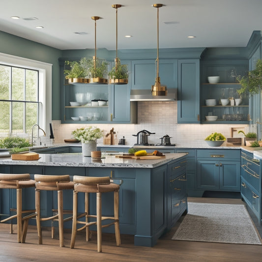 A bright, modern kitchen with sleek countertops, a large island, and pendant lights, featuring a combination of open shelving, cabinets, and a farmhouse sink, surrounded by lush greenery.