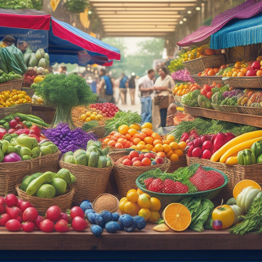 A vibrant, colorful illustration of a farmer's market stand overflowing with fresh fruits and vegetables, surrounded by happy customers and a subtle background of shopping bags and ingredient labels.