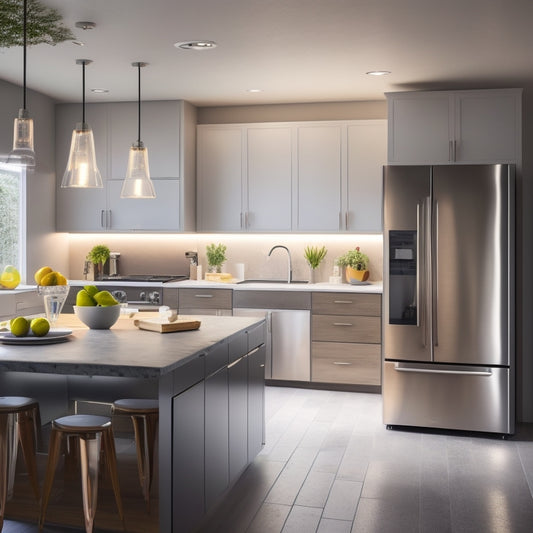 A sleek, modern kitchen with minimalist cabinets and stainless steel appliances, surrounded by a halo of light, with a large touchscreen display on the island showcasing a 3D kitchen design simulation.