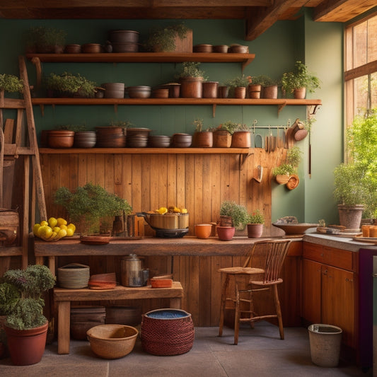 A warm, well-lit kitchen with a reclaimed wood ladder leaning against a wall, holding a dozen cookbooks with colorful spines, surrounded by rustic kitchen utensils and a few potted plants.