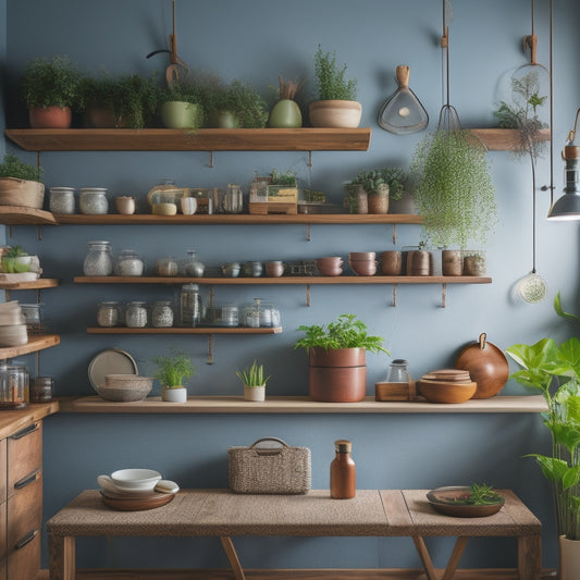 A stylish kitchen featuring a wooden storage rack with adjustable shelves, colorful ceramic jars, hanging utensils, and potted herbs, set against a modern backsplash and warm lighting for an inviting atmosphere.