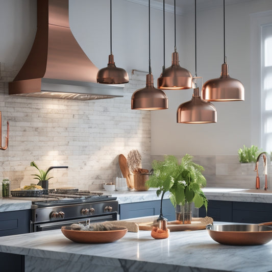 A modern kitchen with sleek stainless steel appliances, featuring a stylish ceiling pot rack adorned with copper pots and pans, suspended above a marble island, illuminated by warm pendant lights.