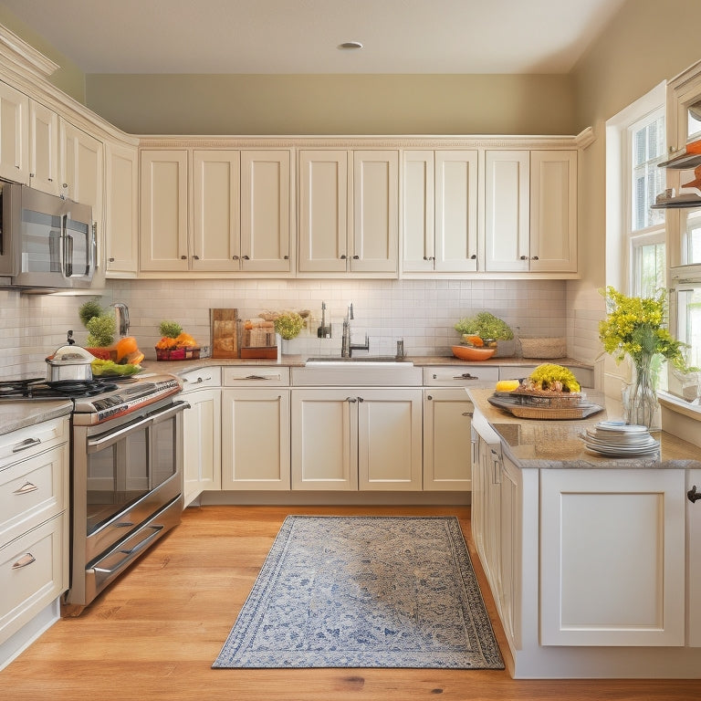 A clutter-free L-shaped kitchen with cream-colored cabinets, stainless steel appliances, and dark hardwood floors, featuring a mix of open shelving, drawers, and cabinets with varying heights and depths.