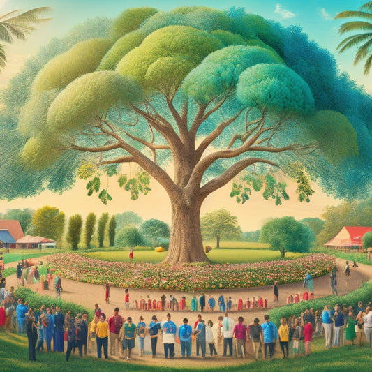 A warm and inviting illustration of a diverse community gathering around a large, vibrant tree, surrounded by lush greenery, with various icons and symbols representing agriculture, education, and community service.
