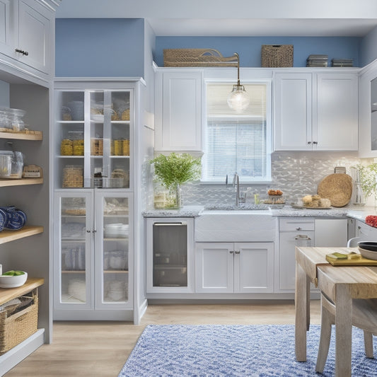 A bright, modern kitchen with sleek cabinetry, a utensil organizer on the countertop, and a pull-out pantry with labeled baskets, surrounded by warm lighting and a few strategically placed decorative accents.