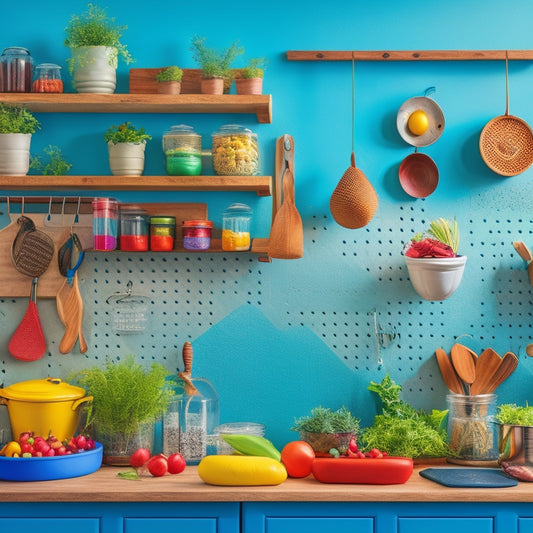 A vibrant kitchen scene showcasing a wall-mounted pegboard filled with colorful utensils, pots, and herbs, featuring clever storage solutions like hooks and baskets, surrounded by fresh ingredients and a cozy, inviting atmosphere.