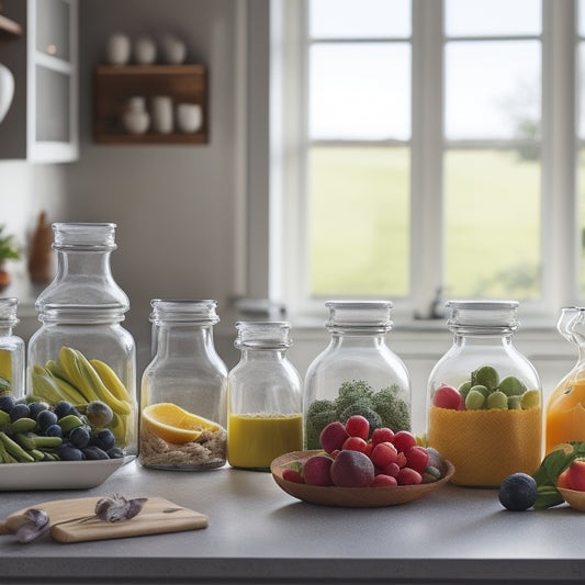 A serene kitchen countertop with a few, neatly arranged, transparent glass containers of varying sizes, filled with an assortment of colorful, fresh fruits and vegetables, against a soft, creamy background.