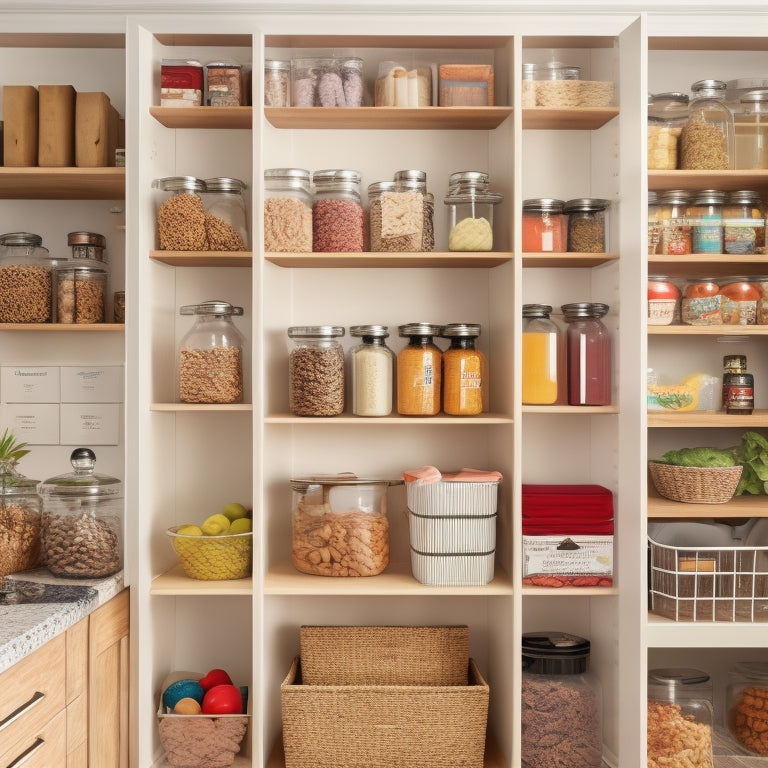 A tidy pantry with adjustable shelves, filled with matching glass containers, each with removable, color-coded labels, and a small, wooden label maker on the countertop.