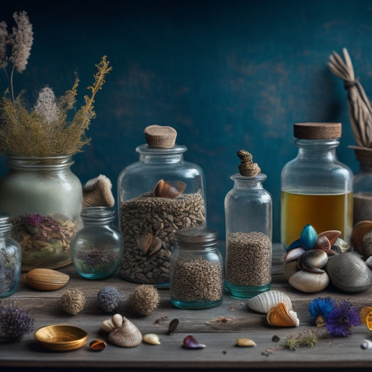 A whimsical still life featuring a collection of glass jars in various shapes and sizes, filled with an assortment of eclectic items like seashells, buttons, and dried flowers, on a distressed wooden table.
