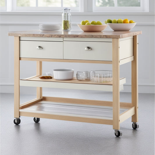 A clutter-free, sleek mobile kitchen island with three-tiered storage, wheels, and a butcher-block top, set against a clean white background, with a few strategically placed kitchen utensils and ingredients.
