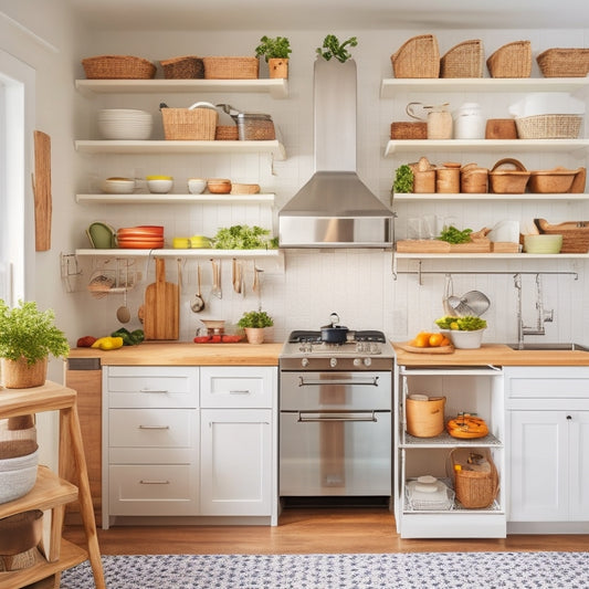 A bright, clutter-free galley kitchen with sleek white cabinets, stainless steel appliances, and a warm wood floor, featuring a pegboard with hanging utensils, a cart with baskets, and a pull-out spice rack.