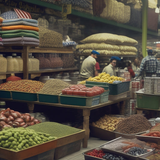 A colorful, bustling market scene with diverse food containers, shelves overflowing with canned goods, and a subtle American flag pattern in the background, conveying growth and abundance.