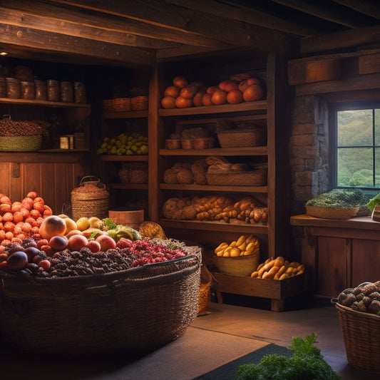 A dimly lit, earthy-toned root cellar filled with vibrant, lush produce, baskets of potatoes, and shelves of canned goods, illuminated by a single, warm lantern surrounded by Alaska's rugged wilderness.
