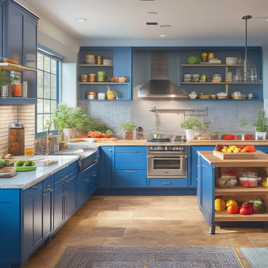 A sleek kitchen with gleaming cabinets, featuring heavy-duty roll-out trays filled with vibrant spices, organized pots and pans, and fresh vegetables, bathed in warm, inviting light, showcasing functionality and modern design.