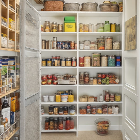 A narrow, cramped kitchen pantry with cluttered shelves, expired canned goods, and tangled cooking utensils, contrasting with a adjacent tidy section featuring labeled baskets, stacked containers, and organized spices.