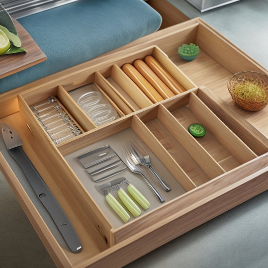 Create a visually appealing arrangement of various innovative drawer organizers for utensils, showcasing bamboo dividers, adjustable trays, and compartmentalized containers in a sleek kitchen drawer setting, highlighting functionality and elegance.