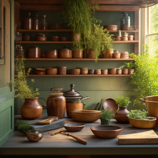 A warm, sunlit kitchen with lush greenery, wooden shelves stocked with apothecary jars, and a large wooden island topped with a mortar and pestle, surrounded by potted herbs and vintage copper cookware.
