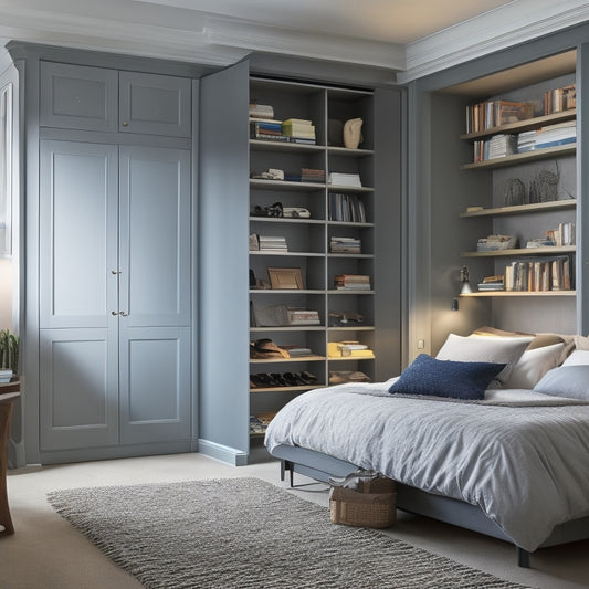 A clutter-free bedroom with a floor-to-ceiling bookshelf that doubles as a sliding door to a hidden closet, and a bed frame with built-in drawers and a secret storage compartment underneath.