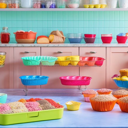 A bright kitchen scene showcasing neatly organized roll-out trays filled with colorful baking supplies: flour, sugar, spices, measuring cups, and vibrant cupcake liners, all arranged in an inviting, easy-access manner.