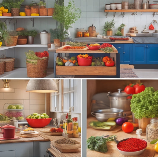 A cozy, modern kitchen featuring sleek roll-out trays under a compact countertop, filled with colorful spices, utensils, and fresh produce, showcasing efficient organization in a small space with warm, inviting lighting.