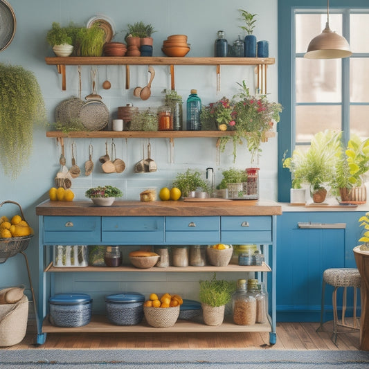 A cozy small kitchen featuring sleek, tiered wooden shelves filled with colorful jars, hanging mugs, and potted herbs, alongside a compact rolling cart with neatly organized utensils and a vibrant fruit bowl on the countertop.