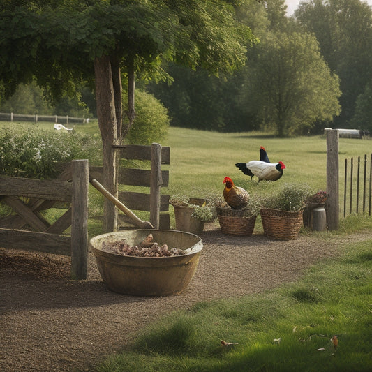 A rustic wooden farm gate with a lush green meadow in the background, surrounded by a few chickens pecking at the ground, a wheelbarrow, and various gardening tools scattered around.