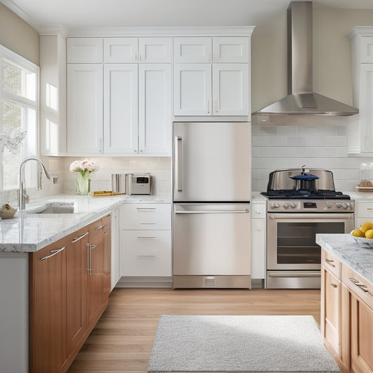 A bright, modern kitchen with sleek, white cabinets featuring soft-close drawers, glass-front upper cabinets, and a built-in wine rack, surrounded by warm, honey-brown hardwood floors and gleaming stainless steel appliances.