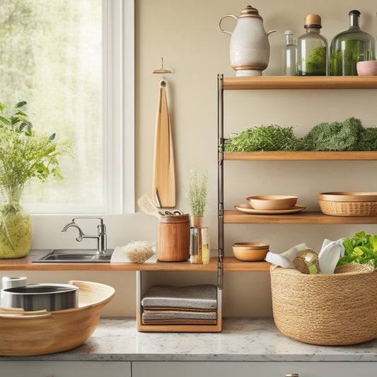 A beautifully organized kitchen countertop featuring stylish storage solutions: sleek bamboo racks, earthy ceramic jars, vibrant utensil holders, and neatly arranged gadgets, all bathed in warm, natural light with fresh herbs in the background.