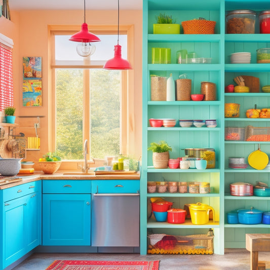 A bright, modern kitchen with open shelving, a pegboard, and a cart with drawers, surrounded by various colorful kitchen utensils, gadgets, and cookbooks, with natural light pouring in through a large window.