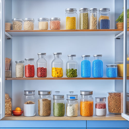 A modern kitchen featuring sleek, stackable storage containers in various sizes, neatly organized on open shelves. Bright colors and clear lids reveal vibrant ingredients, with herbs and spices in elegant glass jars, creating a tidy, inviting atmosphere.