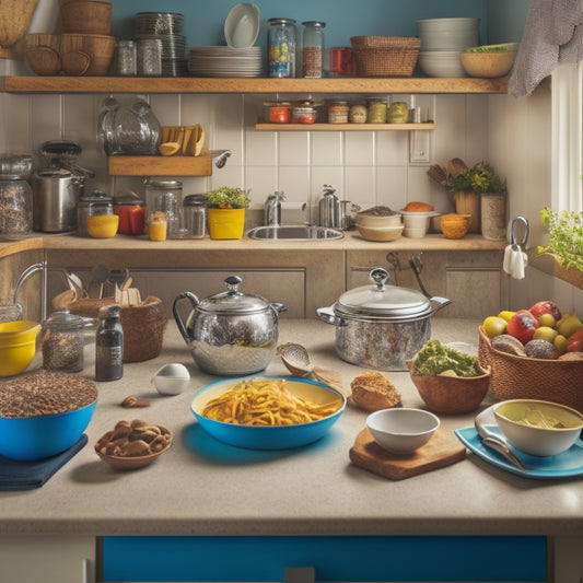 A cluttered kitchen with piled-up dishes, utensils scattered on countertops, a crowded sink, and a disorganized pantry in the background, contrasted with a faint outline of a tidy and organized kitchen.