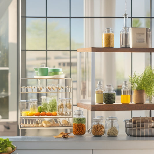 A modern kitchen counter adorned with elegant tiered racks, showcasing vibrant spices, chic glass jars, and fresh herbs, bathed in warm sunlight, surrounded by sleek utensils and a minimalist aesthetic.