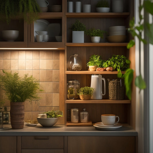 A cozy kitchen corner cabinet illuminated by soft, warm LED strip lights under the shelves, showcasing stylish dishware and plants, with shadows casting gently on the textured backsplash and rich wooden cabinetry.