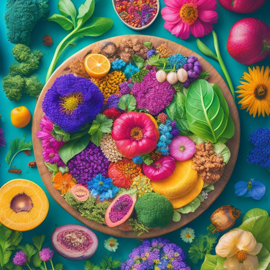 A vibrant, colorful illustration of a healthy gut, featuring a smiling, glowing digestive system with blooming flowers and lush greenery, surrounded by an assortment of whole, nutrient-dense foods.