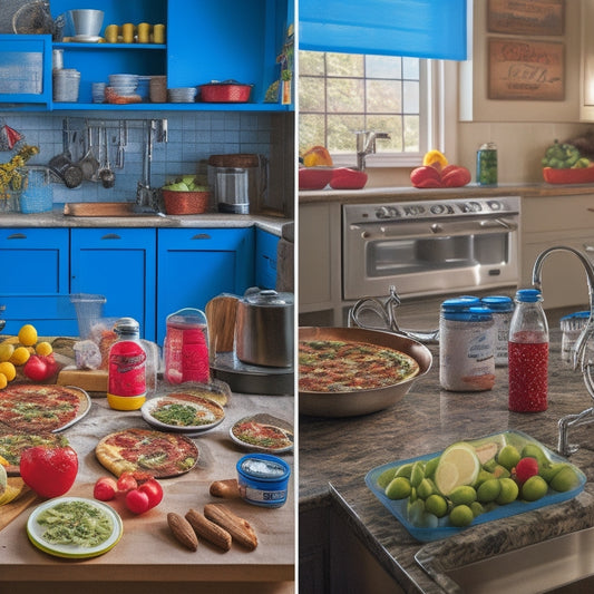 A split-screen image featuring a messy, cluttered kitchen on the left with empty pizza boxes and soda cans, and a tidy, organized kitchen on the right with colorful fruits, lean proteins, and labeled meal containers.