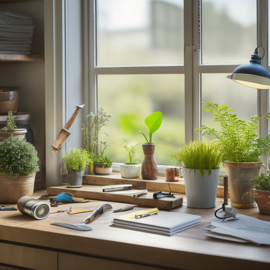 A cluttered workspace with a hammer, tape measure, and scattered DIY manuals, surrounded by partially completed projects, with a sunny window in the background and a few plants on the sill.