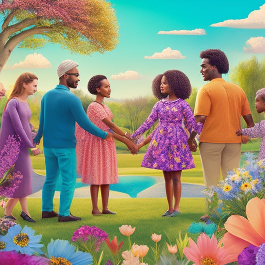 A vibrant illustration of diverse people from various age groups and ethnicities gathered in a park, surrounded by blooming flowers, holding hands, and forming a human chain, with a subtle background of a sunny sky.